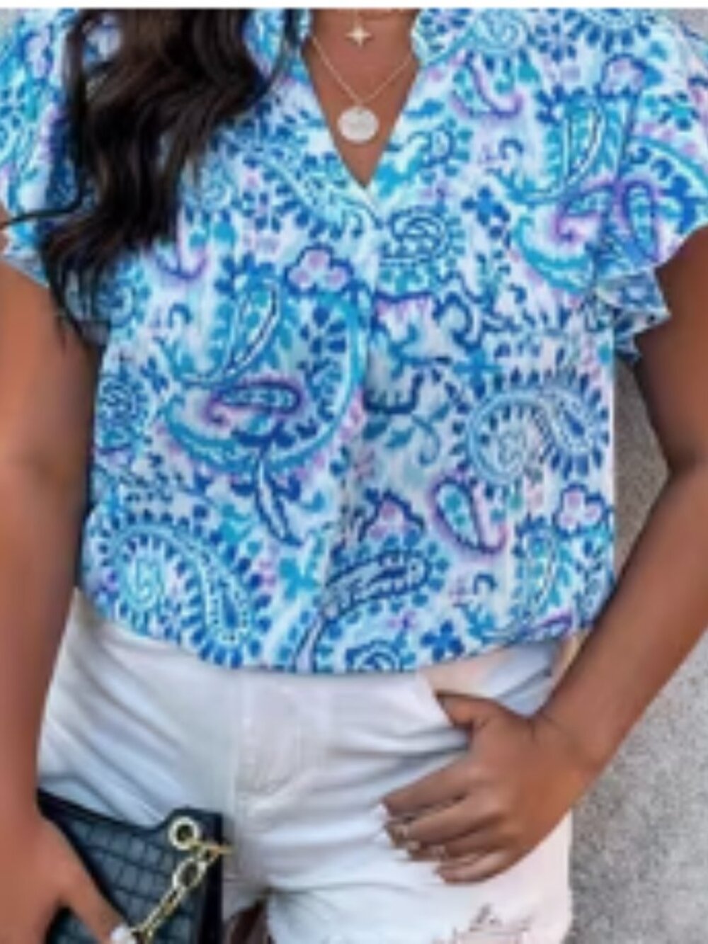Boho Top, Women's Plus Paisley Print Ruffle Trim Cap Sleeve V Neck